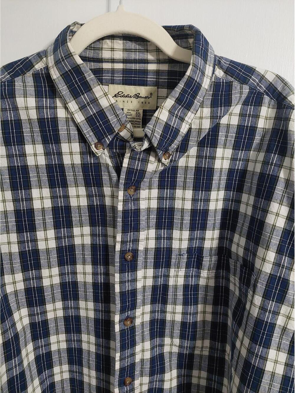 Eddie Bauer Men's Blue and White Plaid Button-Up Shirt